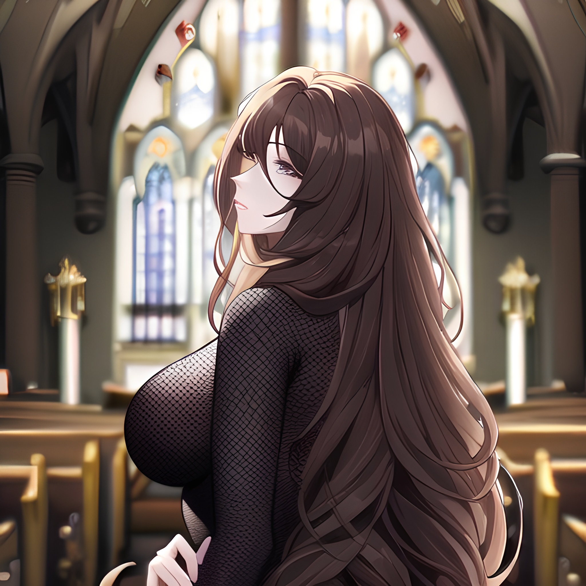 woman church messy hair long hair brunette fishnet