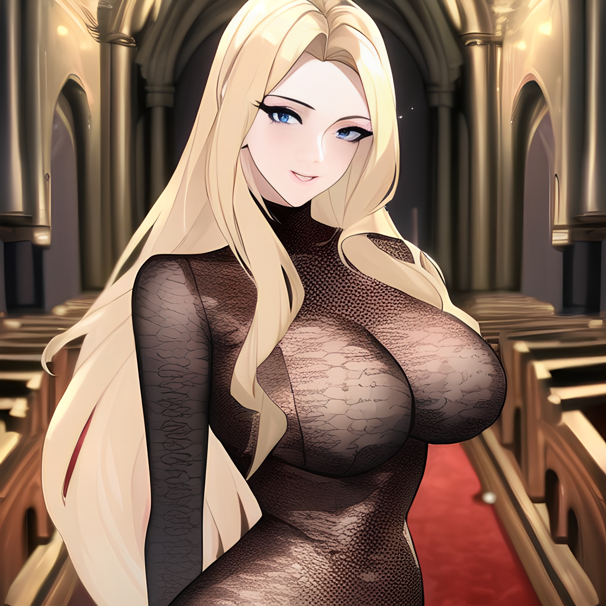 woman church nude blonde front view small boobs long hair fishnet 