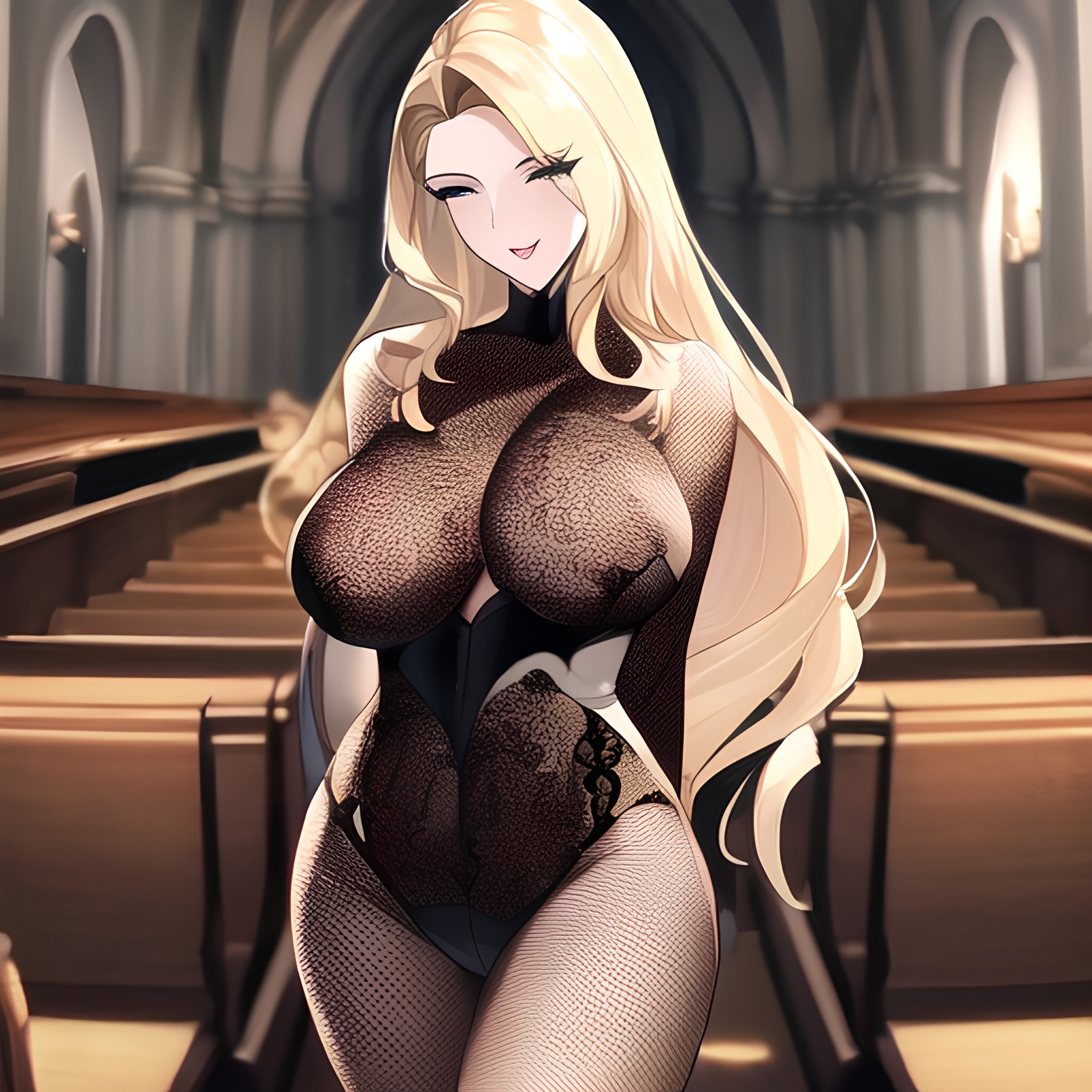 woman church nude fishnet long hair blonde front view small boobs 