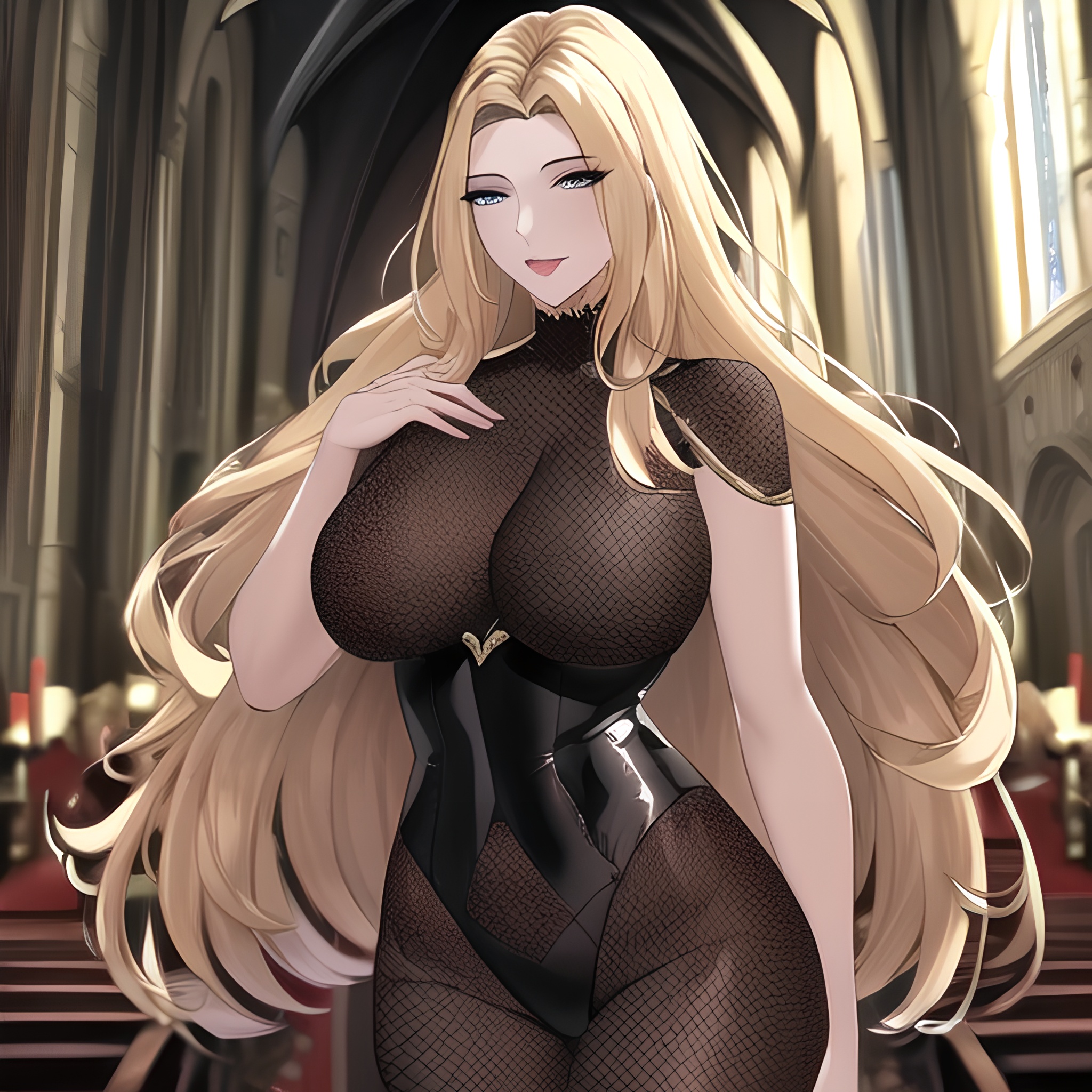 woman church nude long hair small boobs fishnet blonde front view 