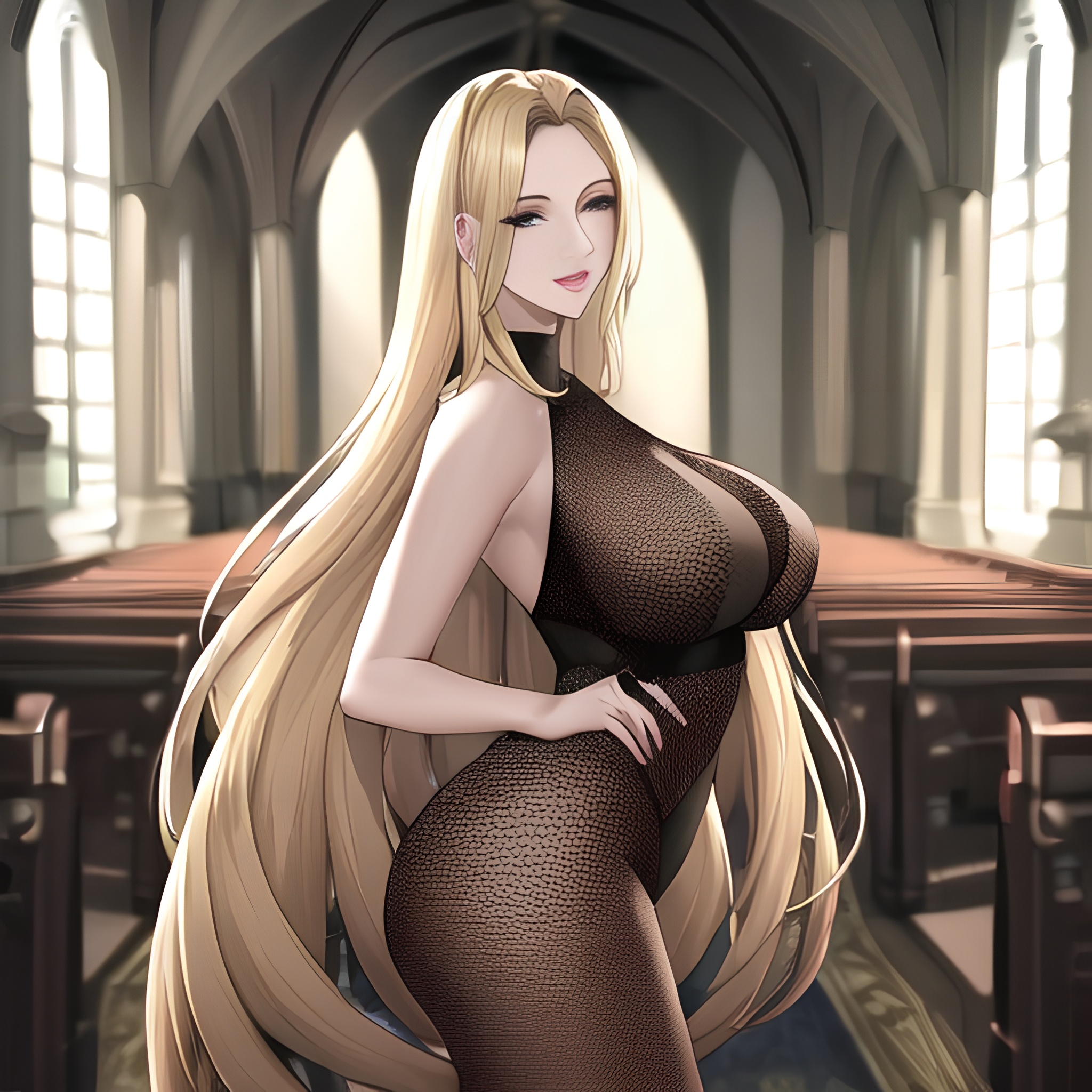 woman church nude small boobs front view fishnet blonde long hair 