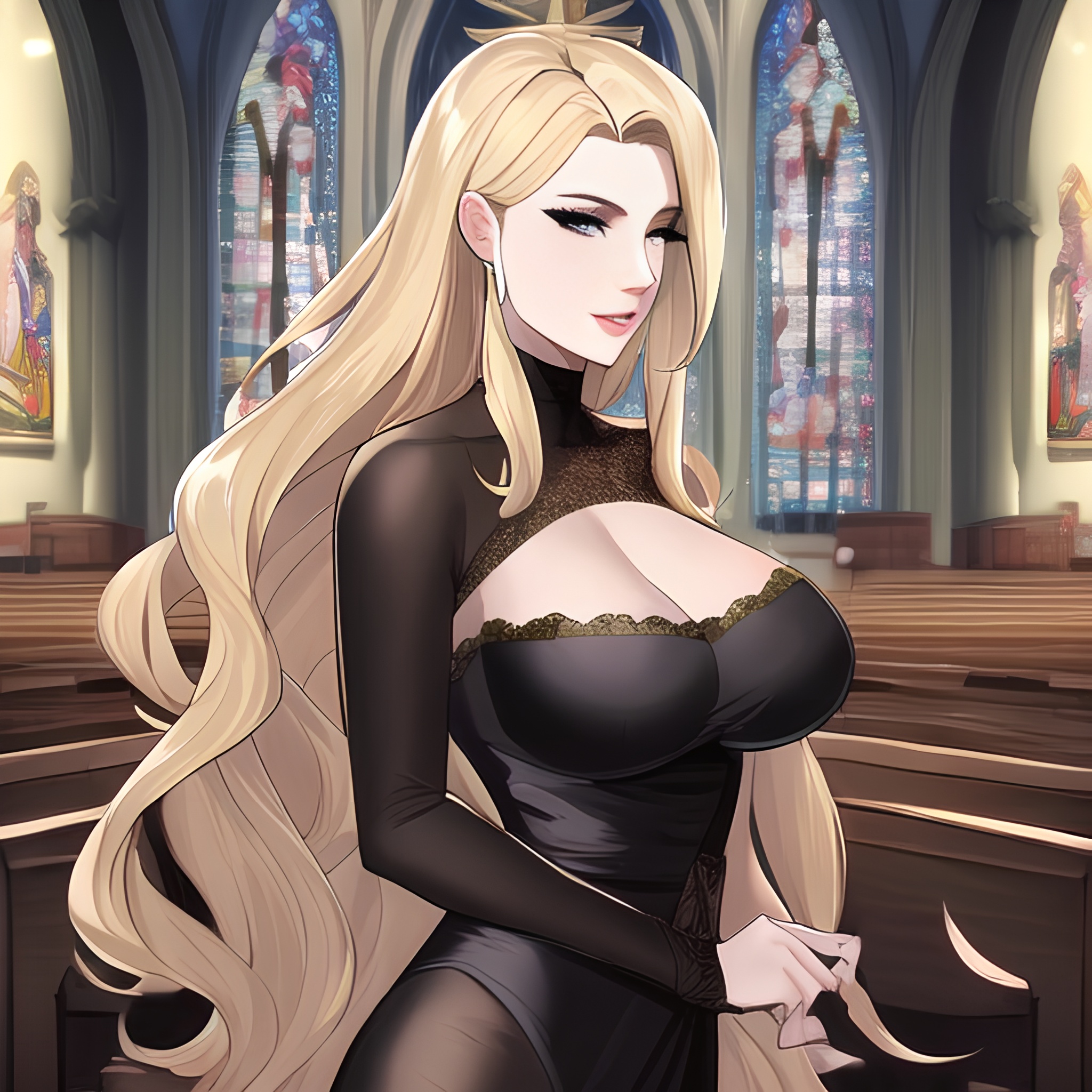 woman church small boobs blonde front view long hair fishnet nude 