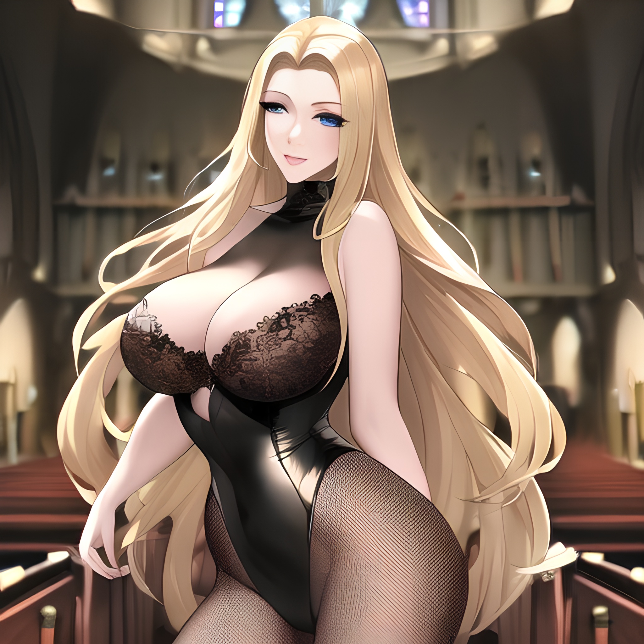woman church small boobs long hair nude fishnet front view blonde