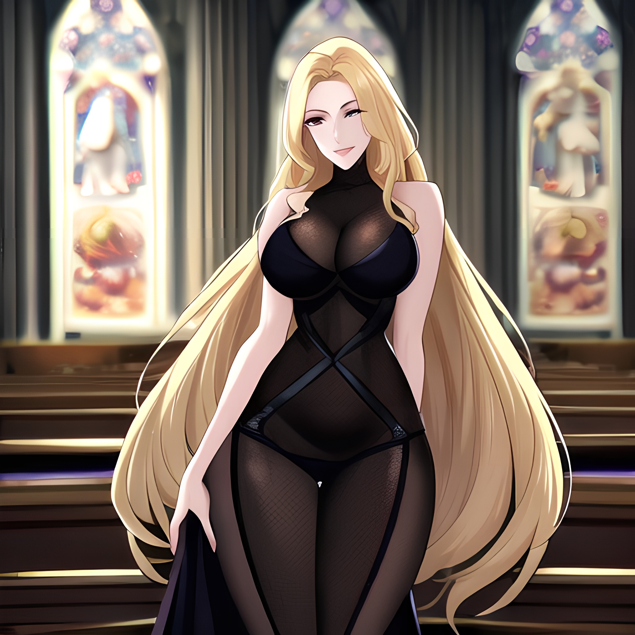 woman fishnet blonde church long hair