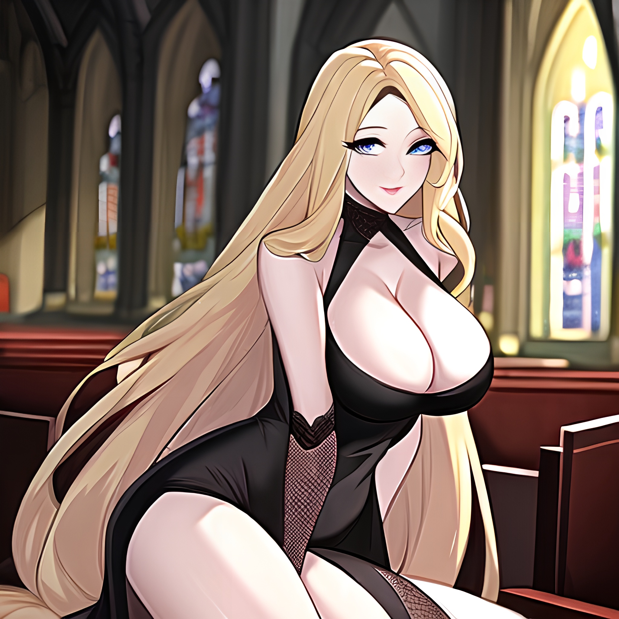 woman fishnet blonde church long hair 