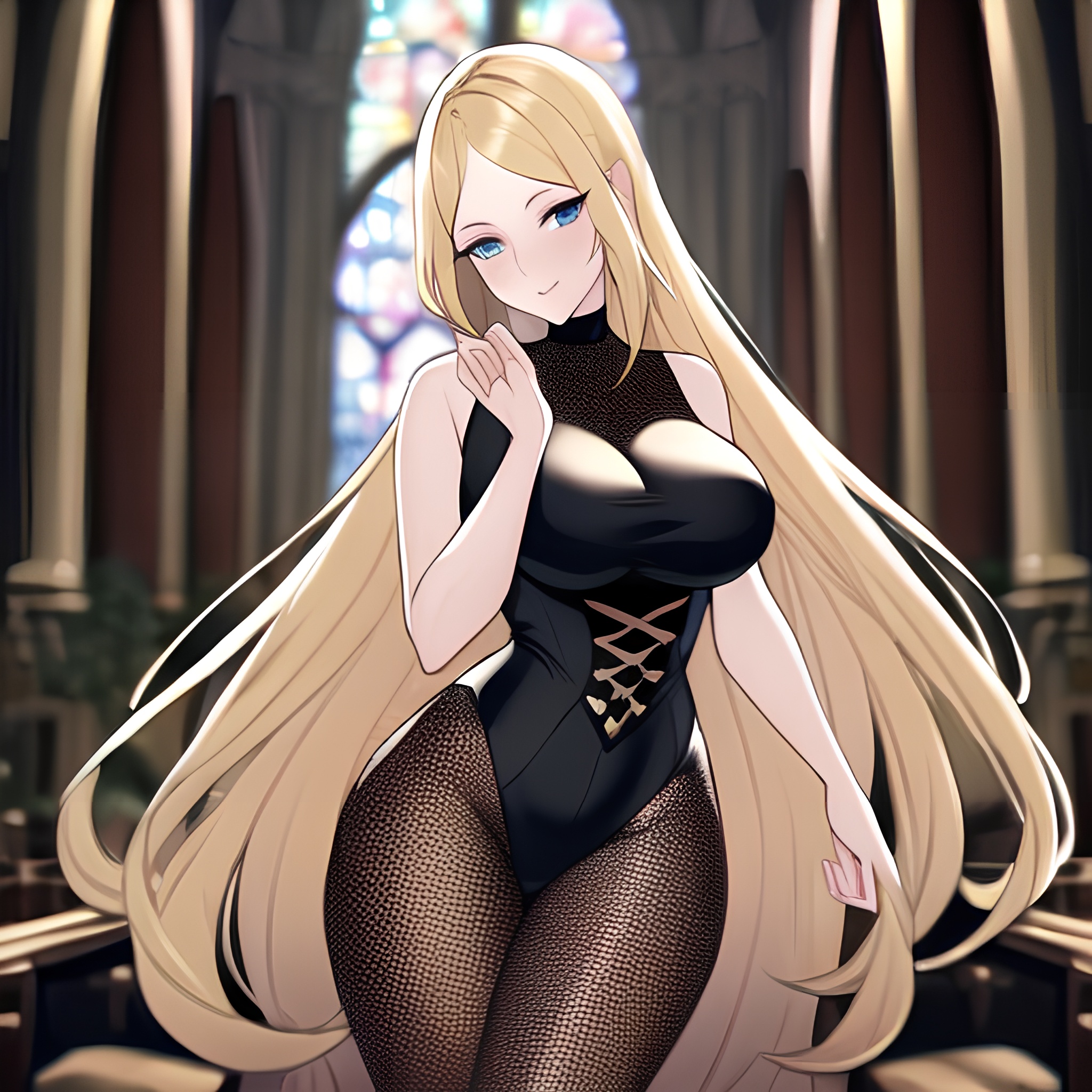 woman fishnet blonde church long hair 