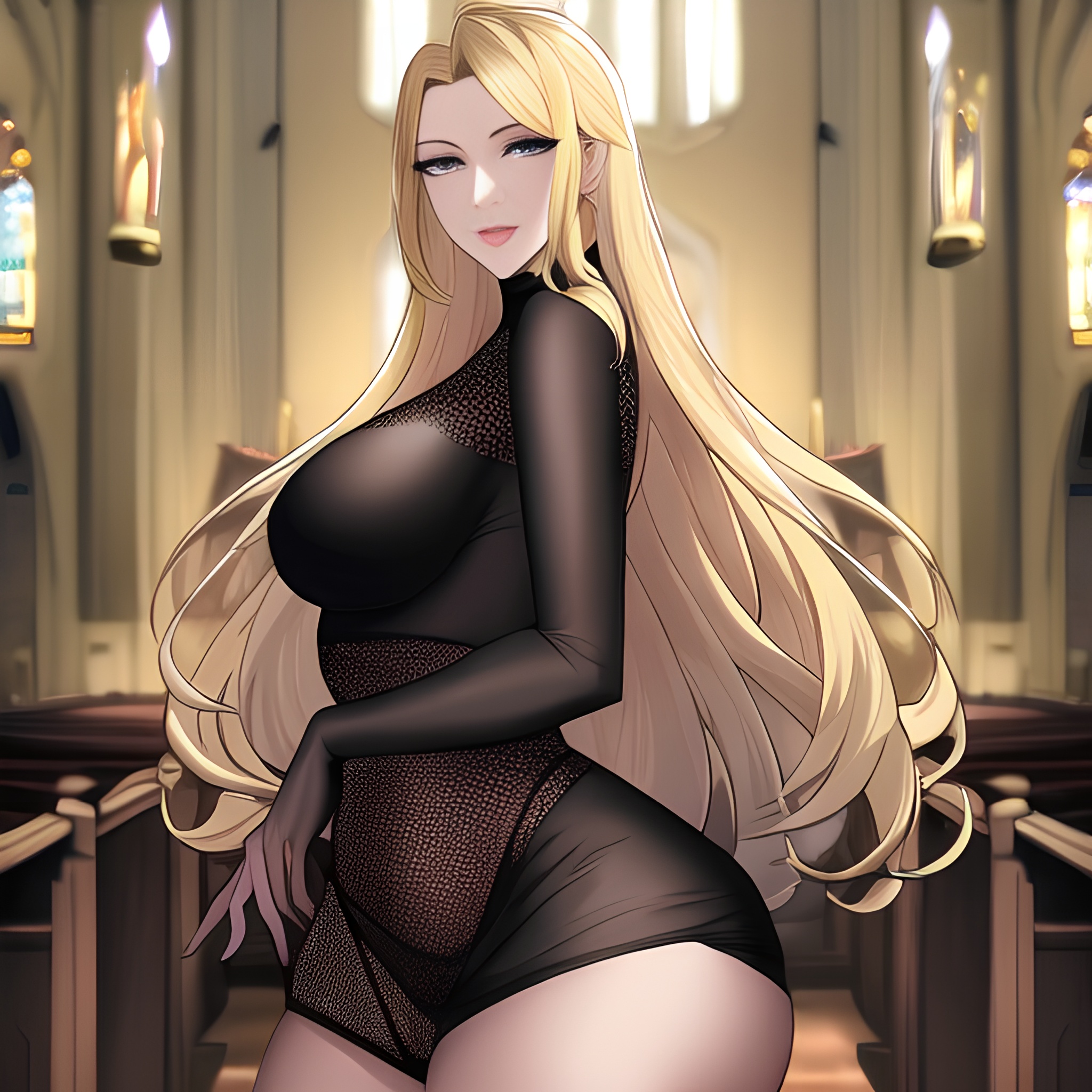 woman fishnet blonde long hair church 