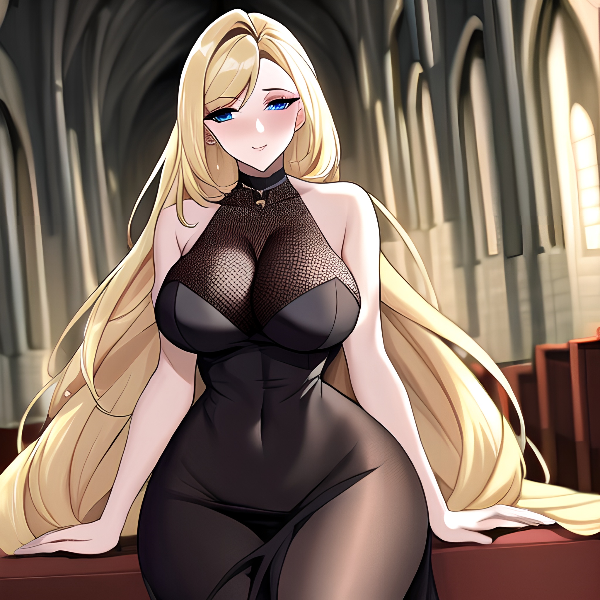 woman fishnet blonde long hair church 