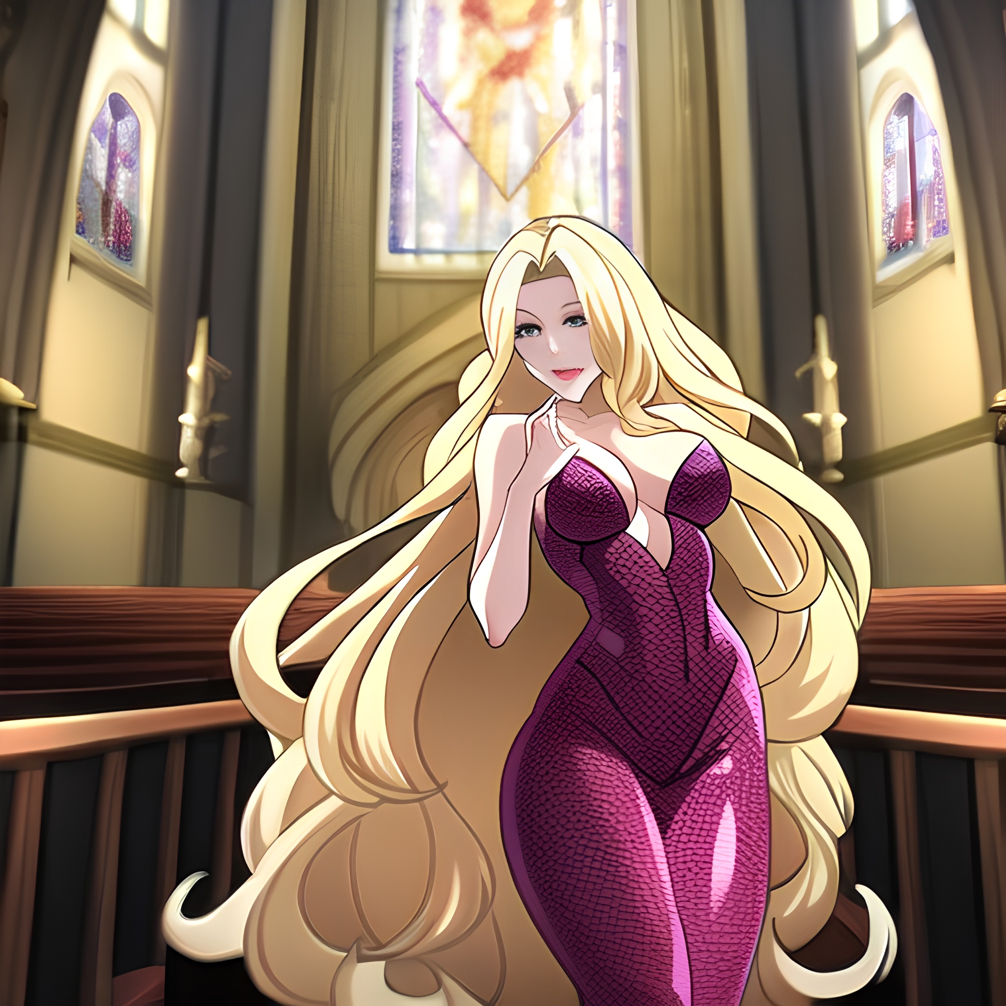 woman fishnet blonde long hair church 