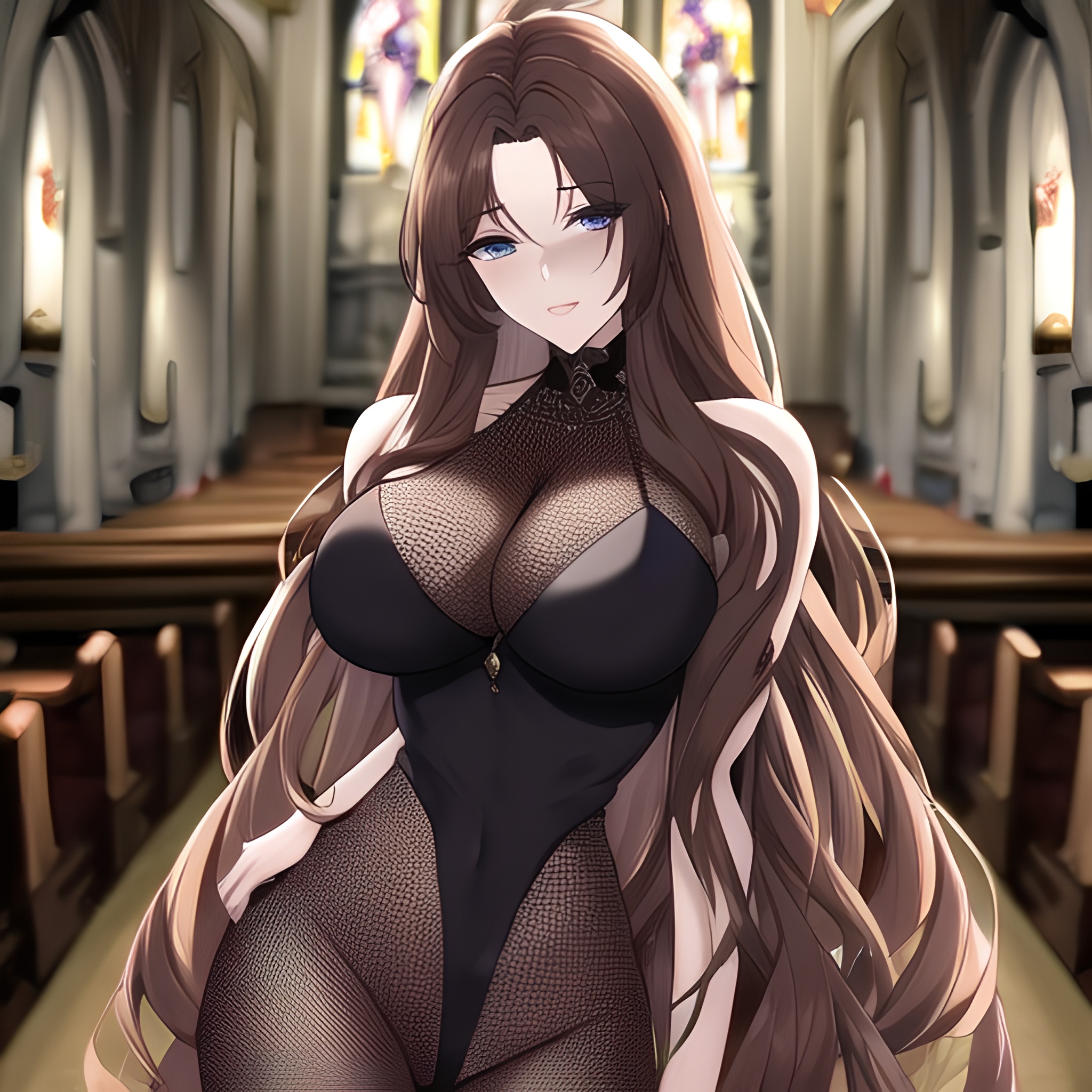 woman fishnet brunette church long hair messy hair 
