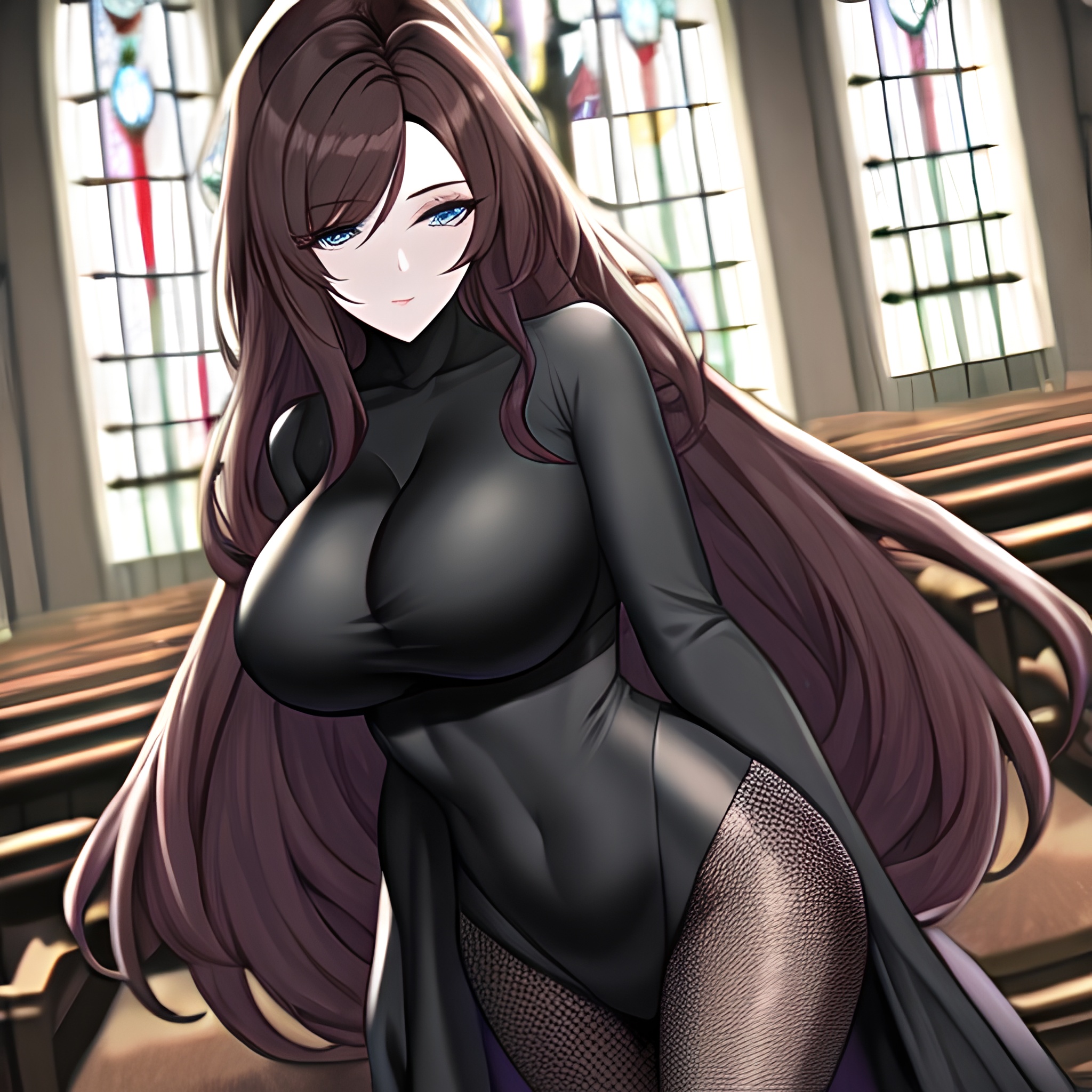woman fishnet brunette church messy hair long hair