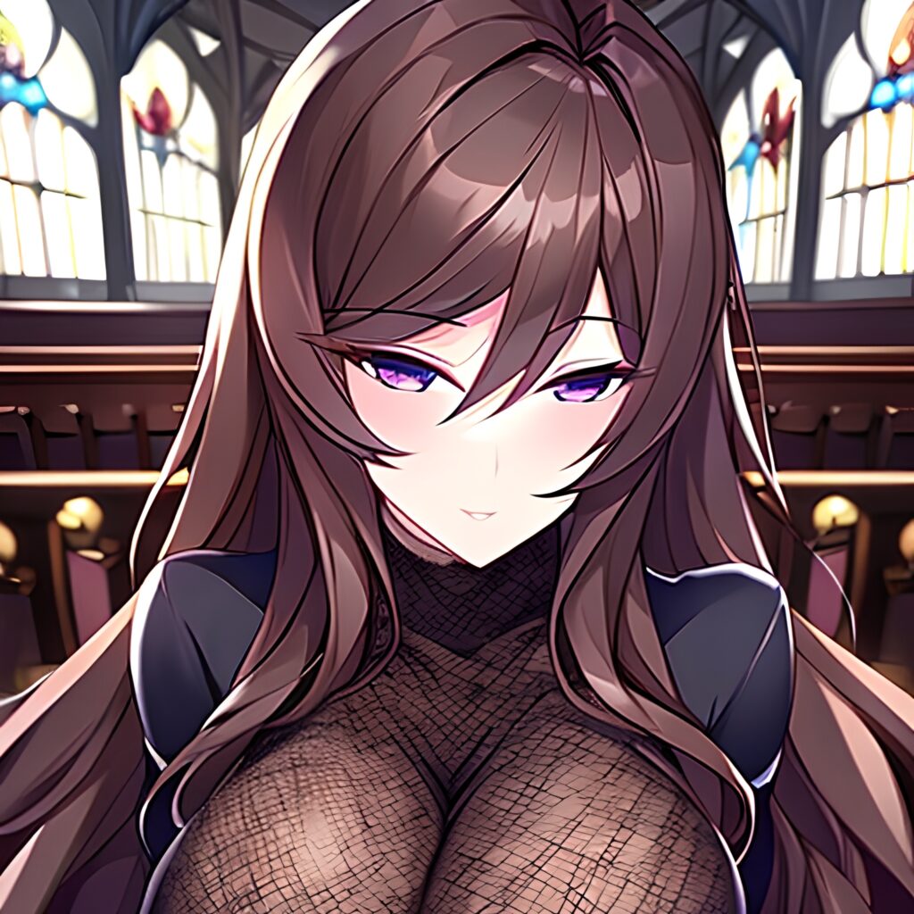 woman fishnet brunette long hair church messy hair 