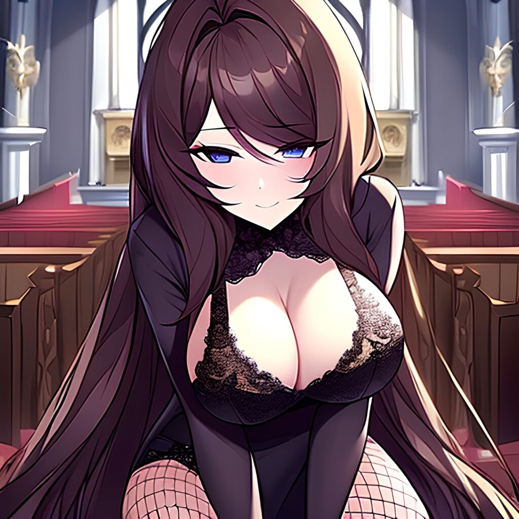 woman fishnet brunette long hair church messy hair 