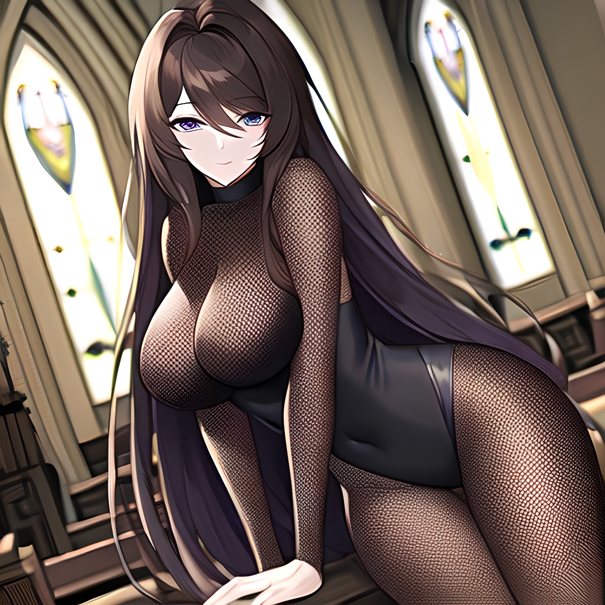 woman fishnet brunette long hair church messy hair 