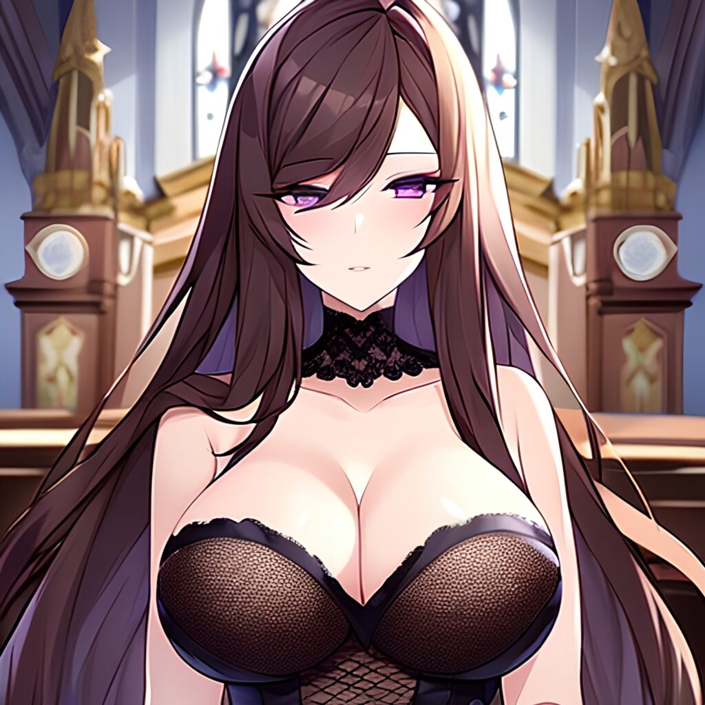 woman fishnet brunette long hair messy hair church 