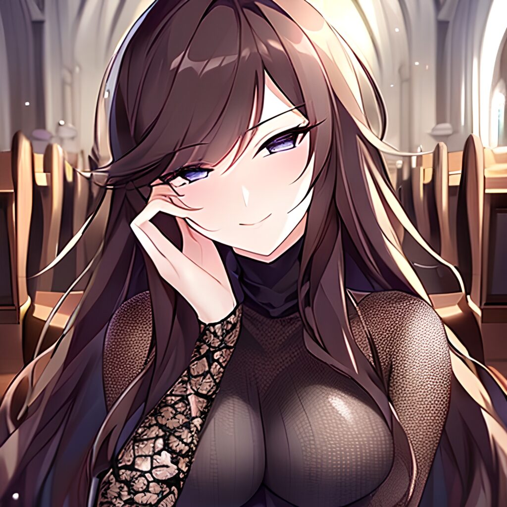 woman fishnet brunette long hair messy hair church 