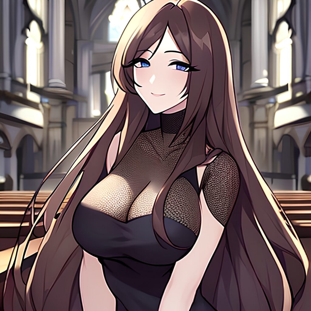 woman fishnet brunette long hair messy hair church 