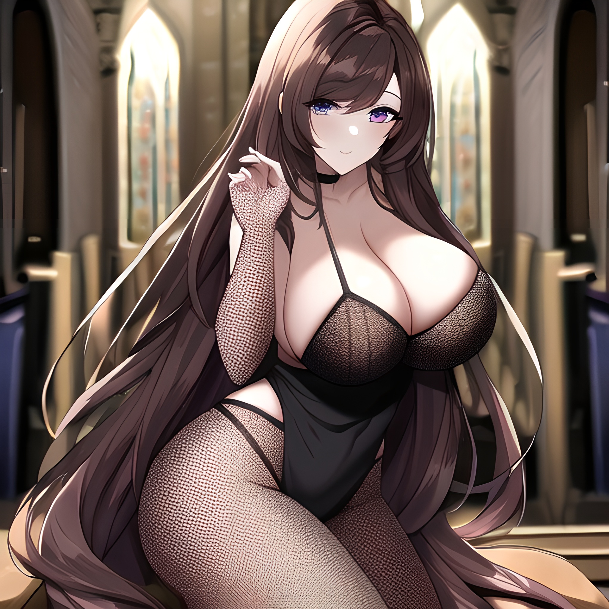 woman fishnet brunette messy hair church long hair 