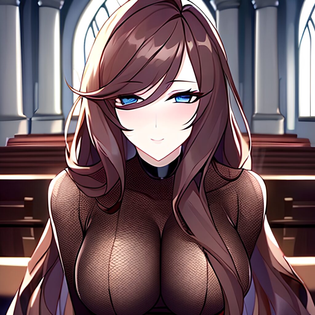 woman fishnet brunette messy hair church long hair 