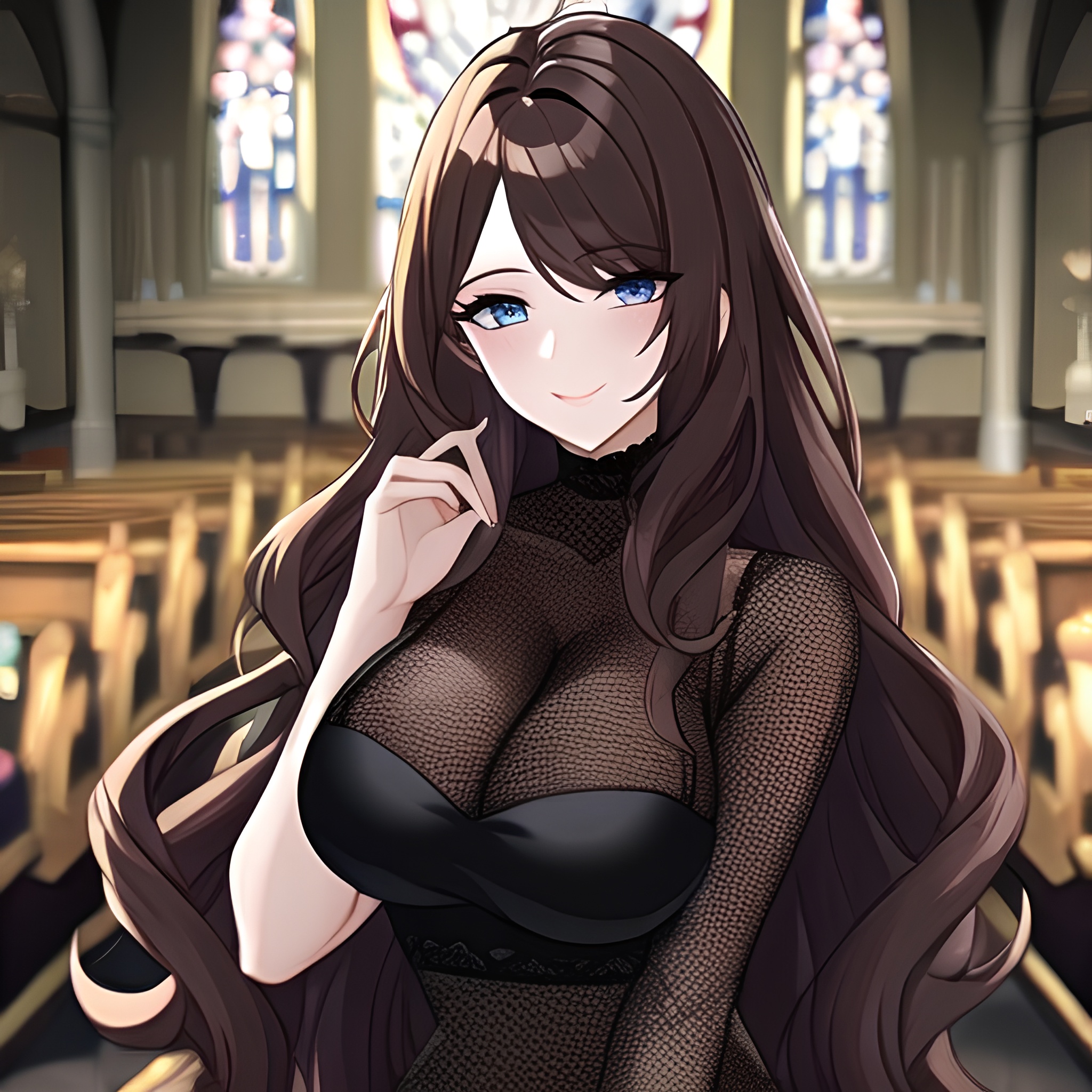 woman fishnet brunette messy hair church long hair 