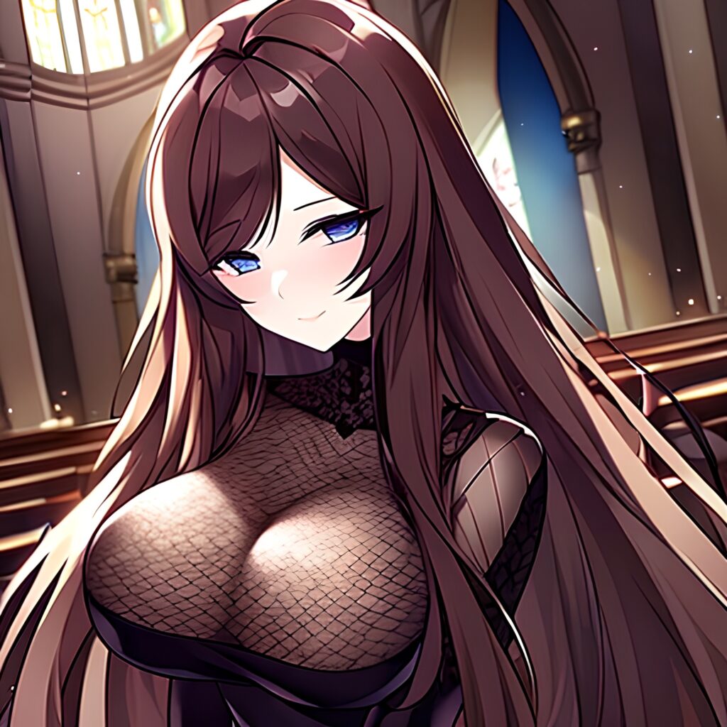 woman fishnet brunette messy hair long hair church 