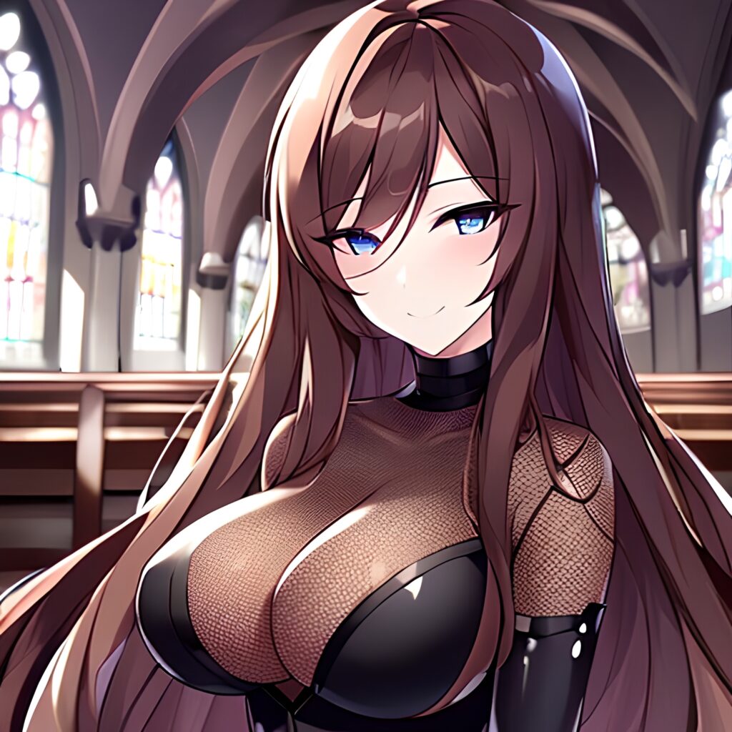 woman fishnet brunette messy hair long hair church 