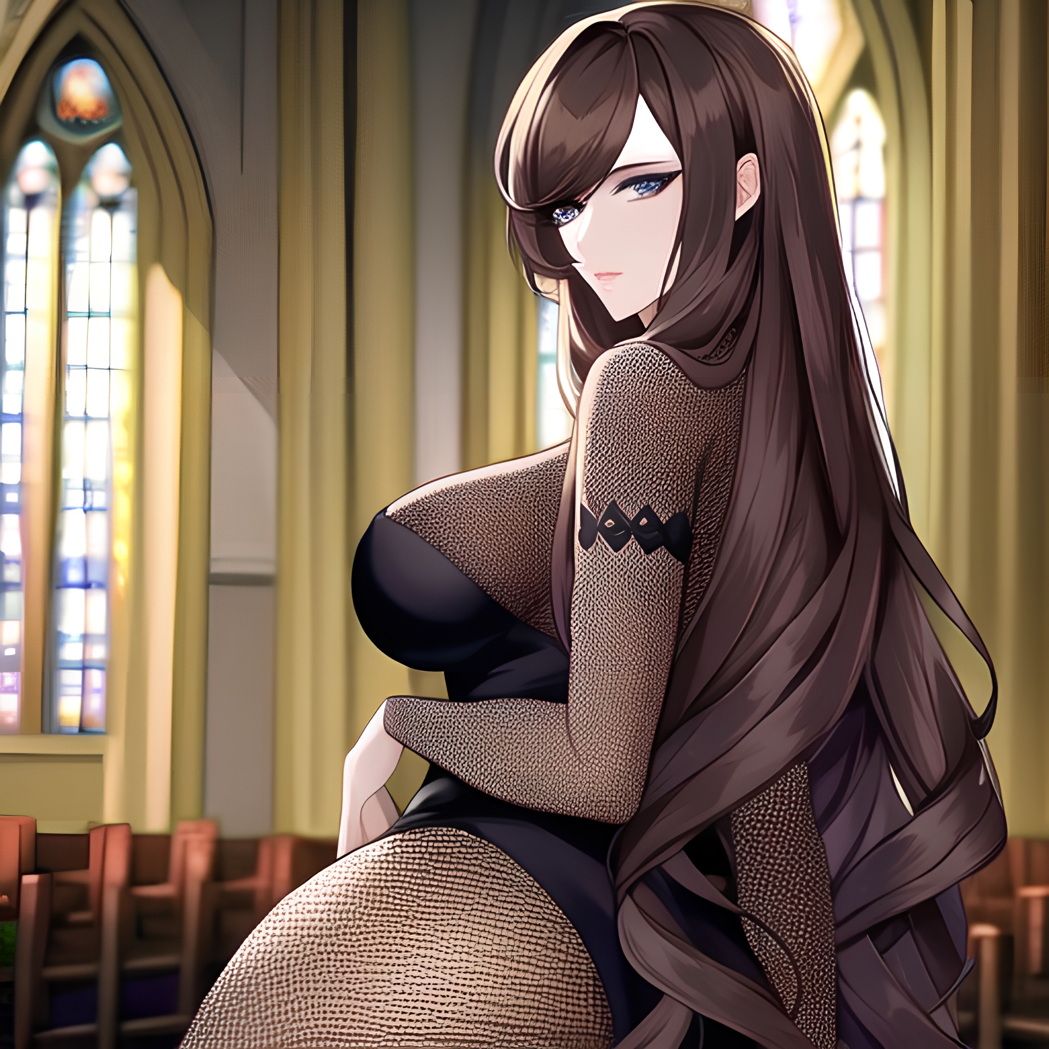 woman fishnet brunette messy hair long hair church 