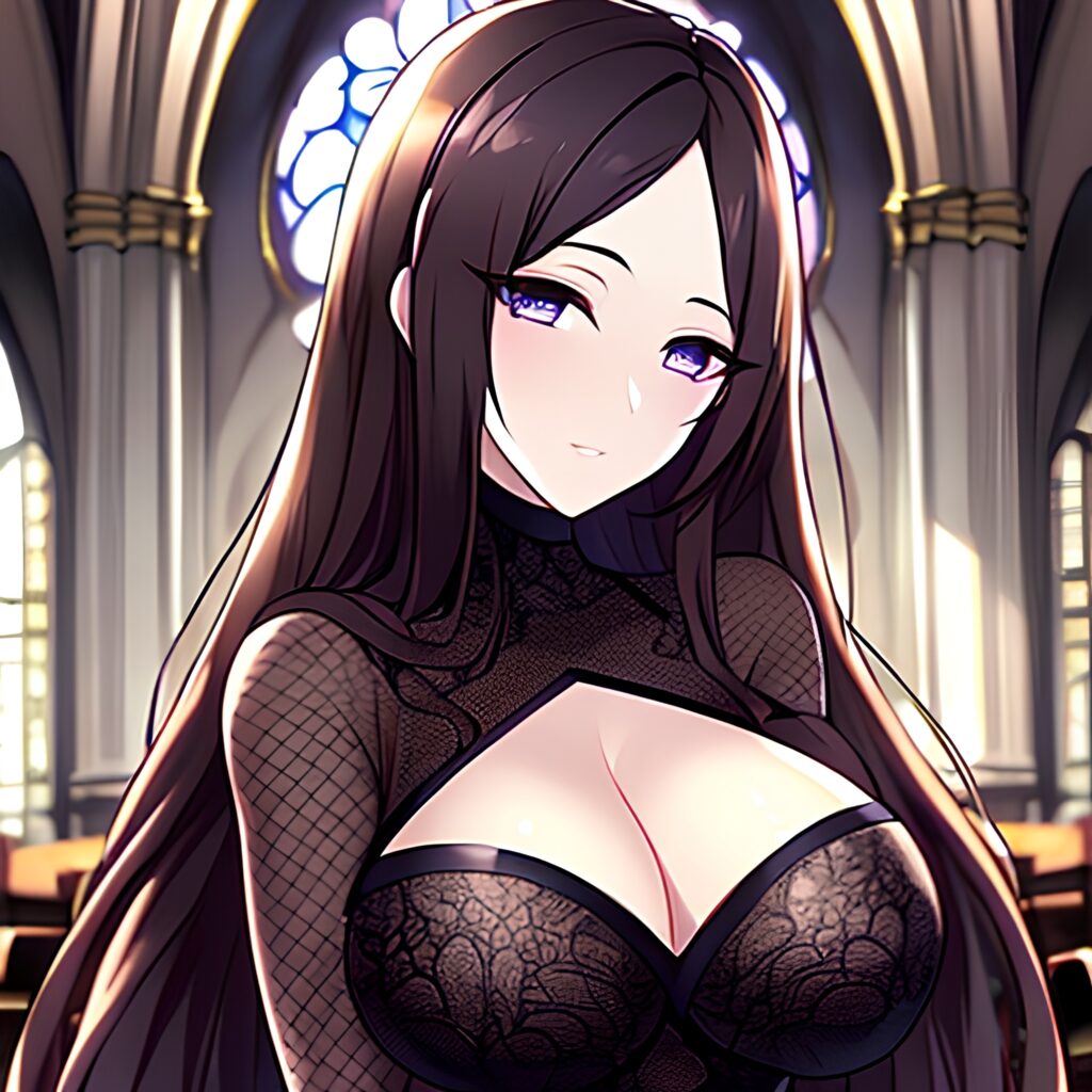 woman fishnet brunette messy hair long hair church 