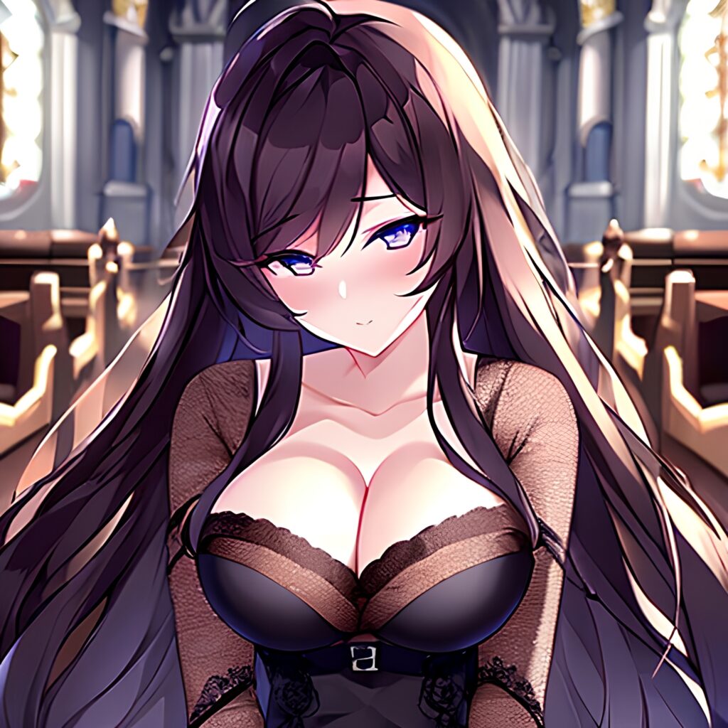 woman fishnet brunette messy hair long hair church 