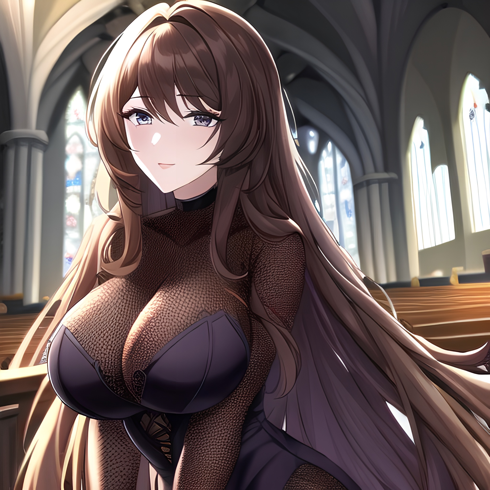 woman fishnet brunette messy hair long hair church