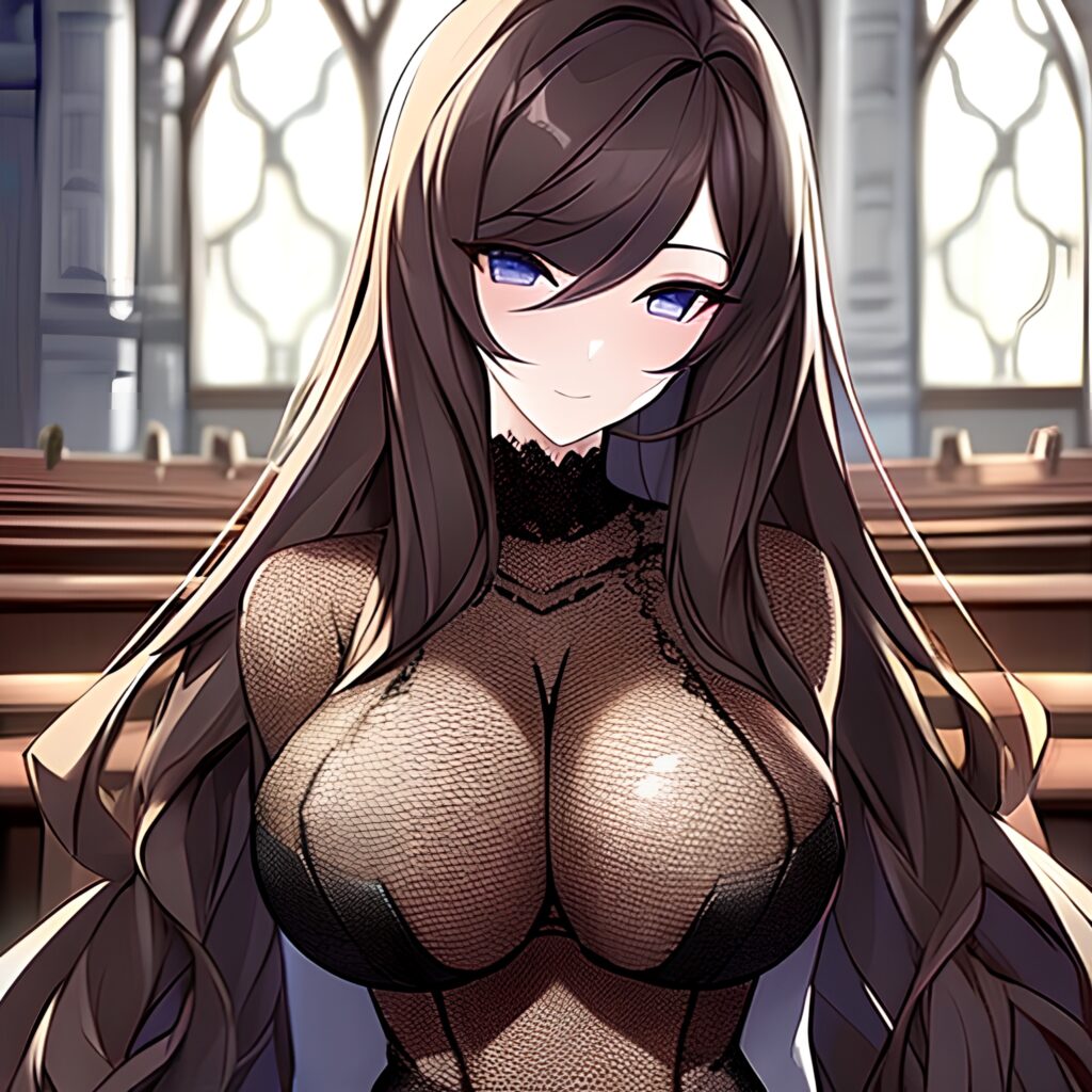 woman fishnet brunette messy hair long hair church 