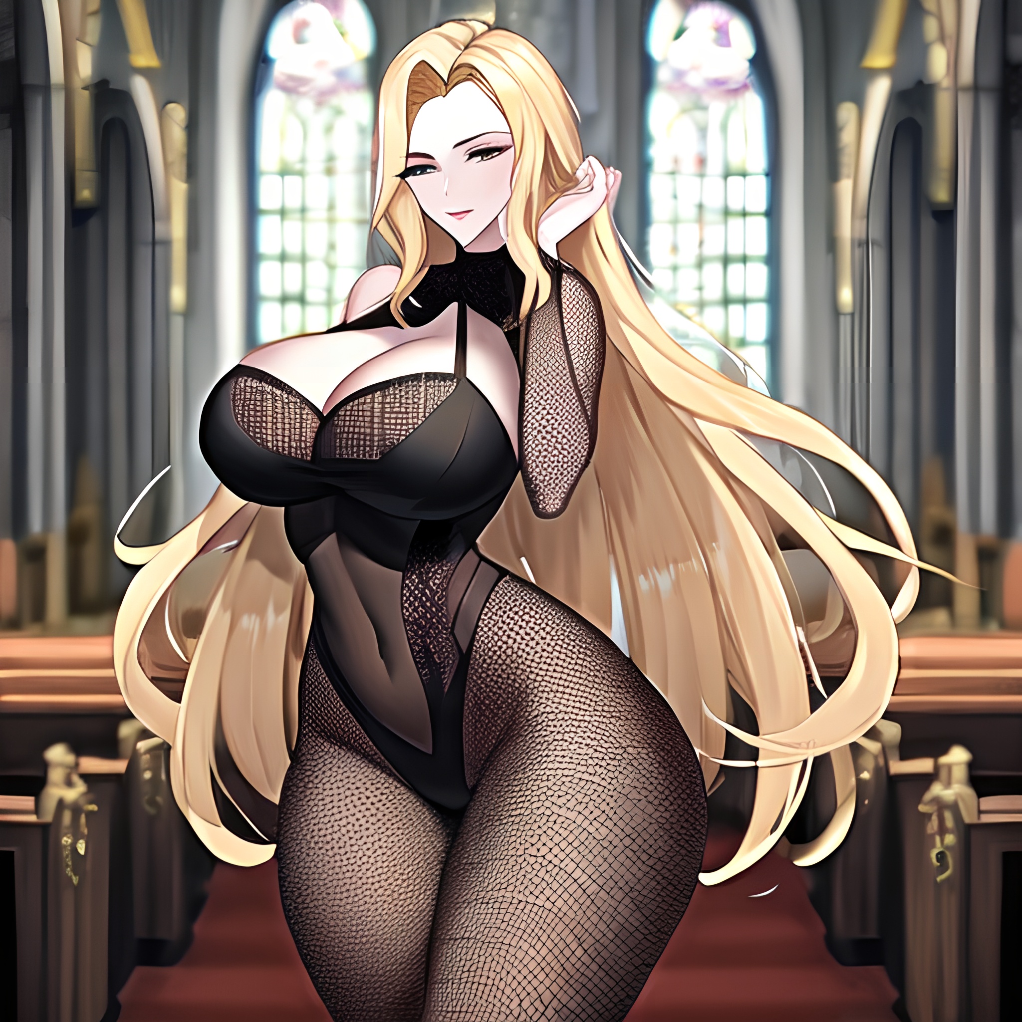 woman fishnet church blonde long hair 