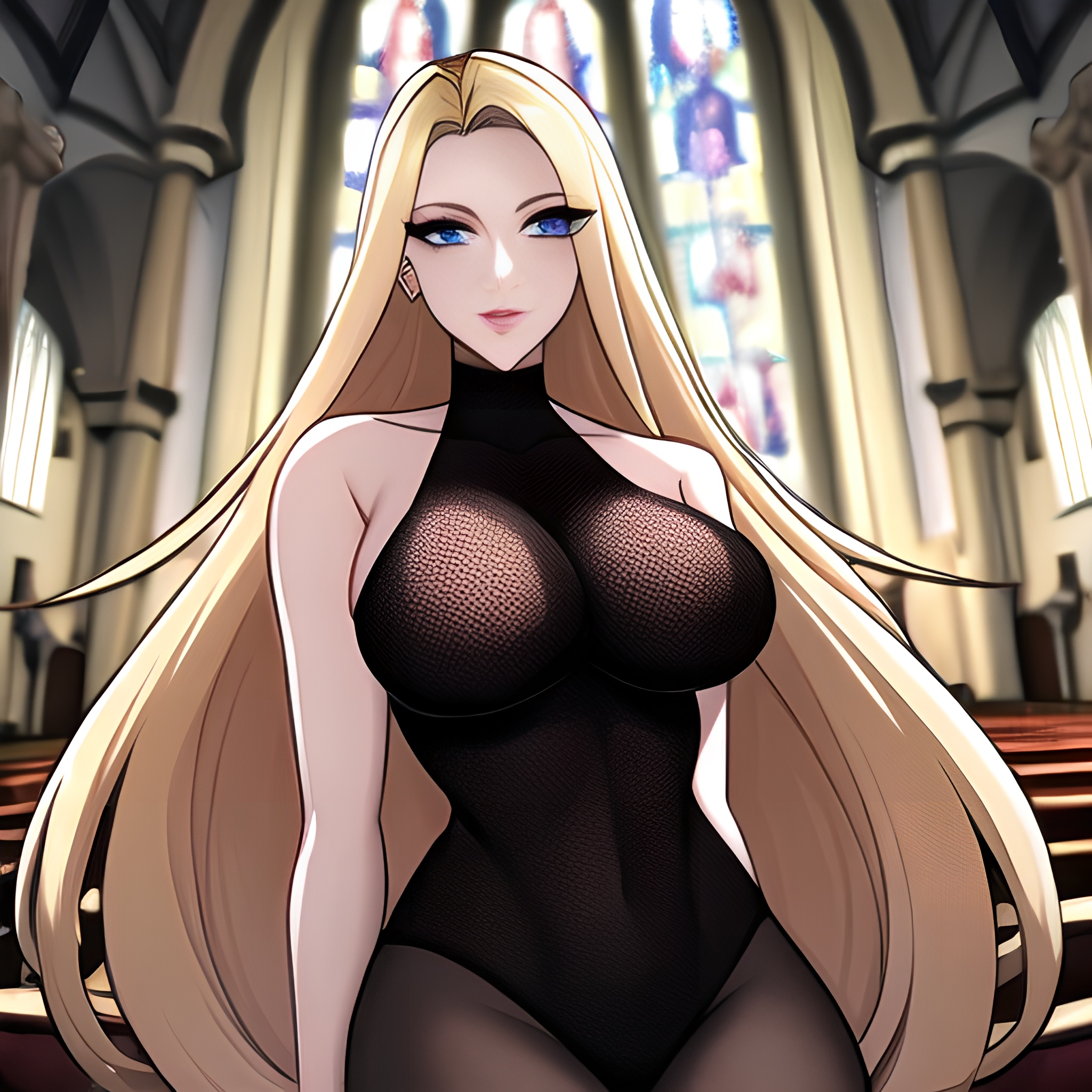 woman fishnet church blonde long hair 