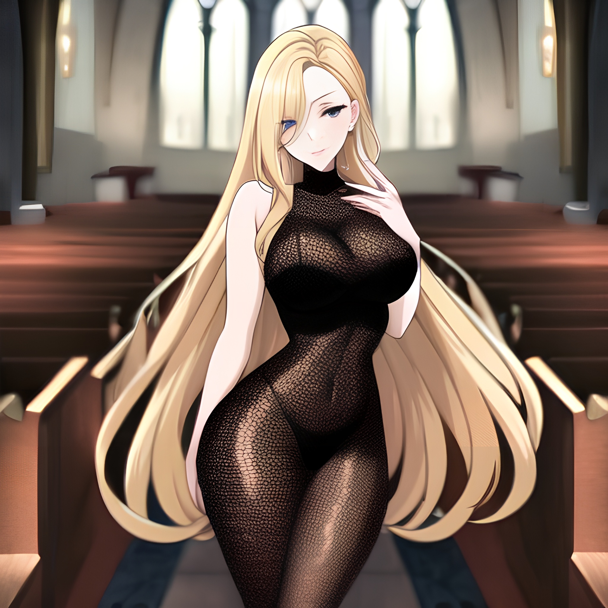 woman fishnet church blonde long hair