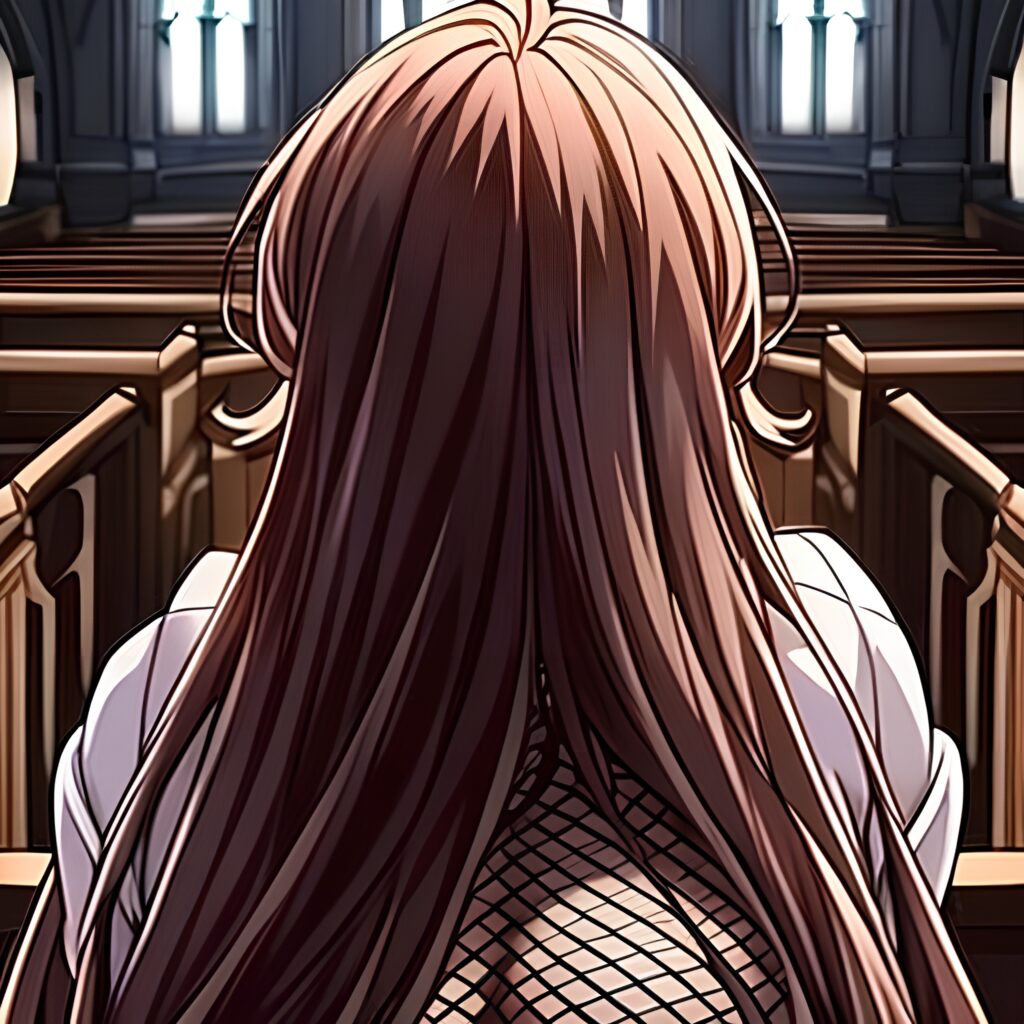 woman fishnet church brunette long hair messy hair 