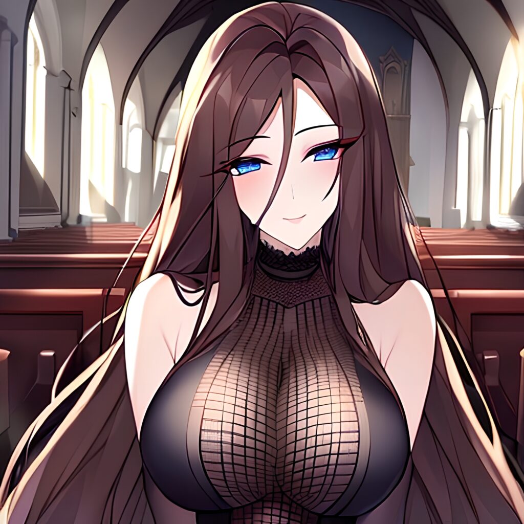 woman fishnet church brunette long hair messy hair 