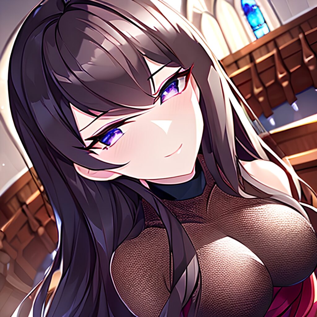 woman fishnet church brunette long hair messy hair