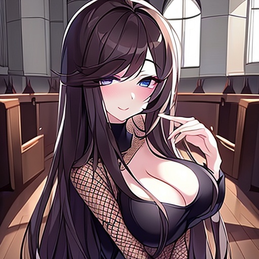 woman fishnet church brunette long hair messy hair 