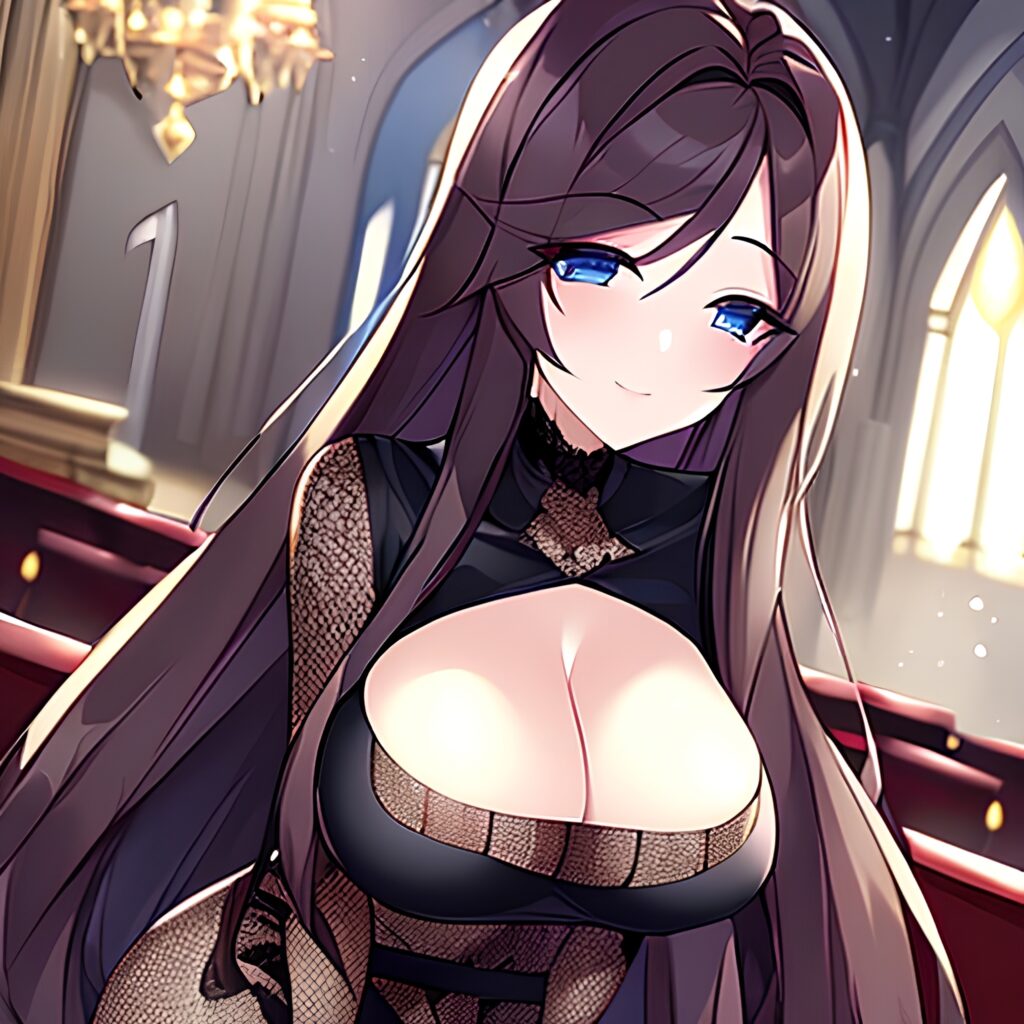 woman fishnet church brunette long hair messy hair 