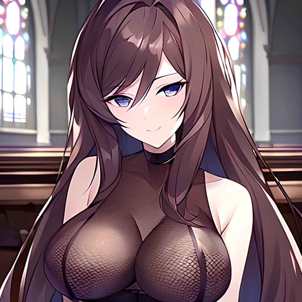 woman fishnet church brunette long hair messy hair 