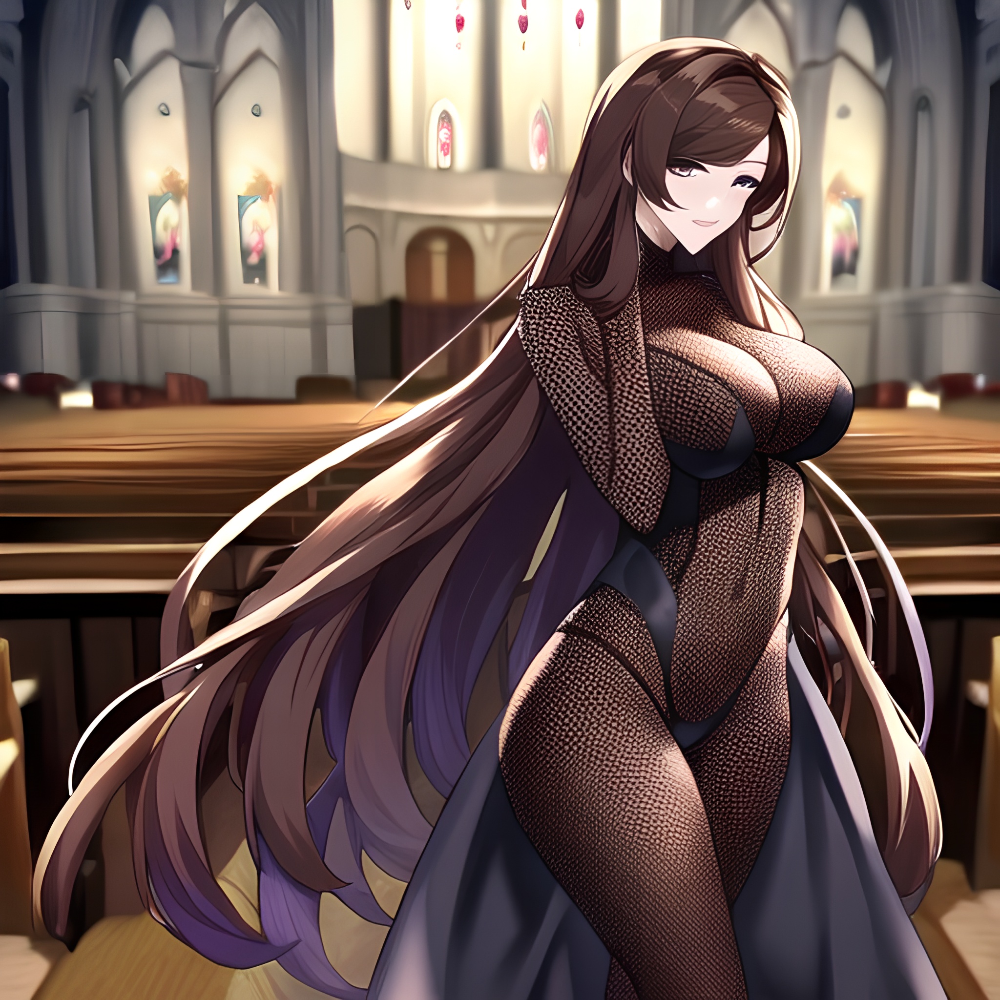 woman fishnet church brunette messy hair long hair 