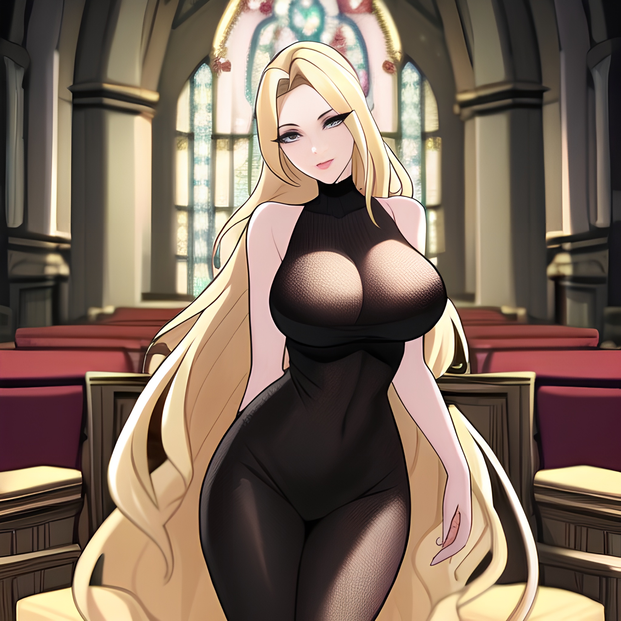 woman fishnet church long hair blonde 