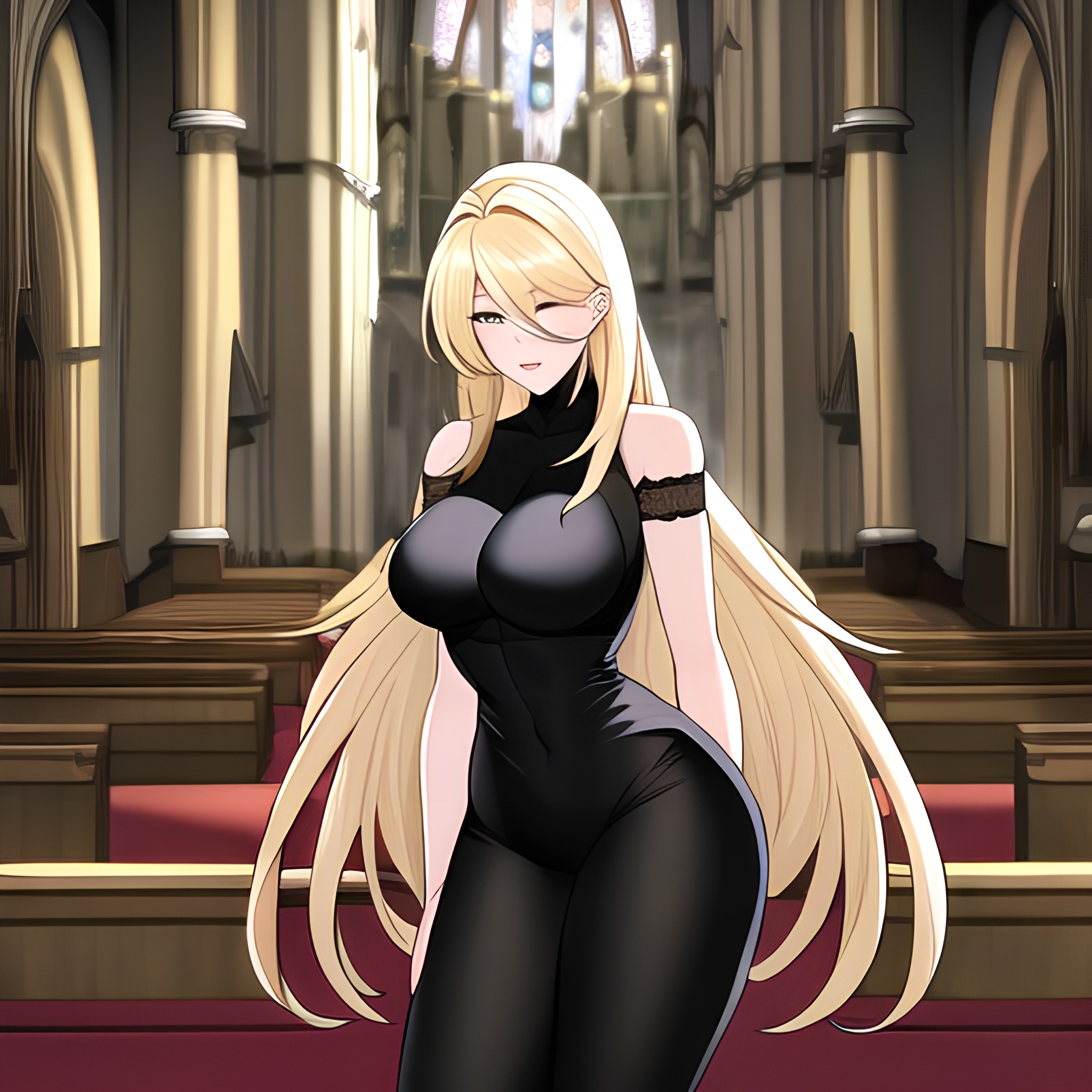 woman fishnet church long hair blonde 