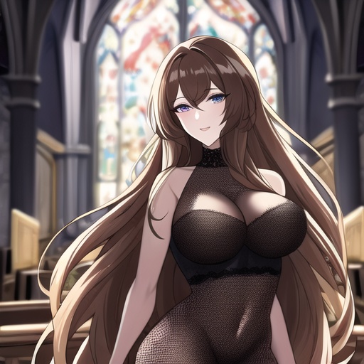 woman fishnet church long hair brunette messy hair 