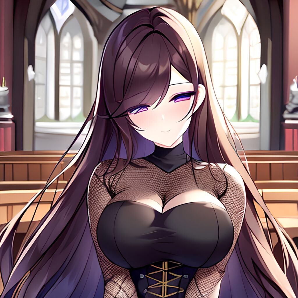 woman fishnet church long hair brunette messy hair 