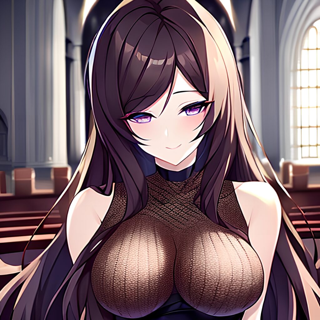 woman fishnet church long hair brunette messy hair 