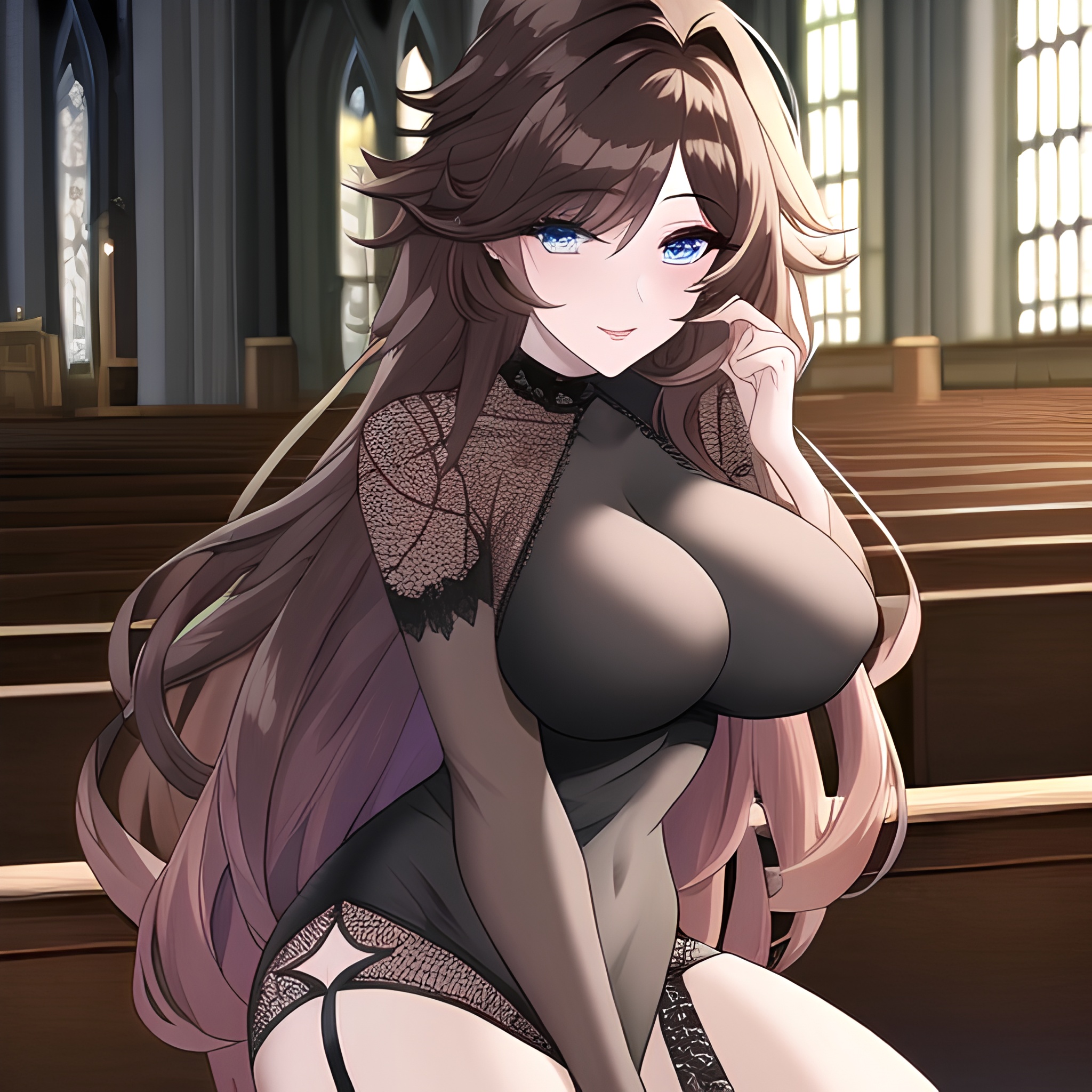 woman fishnet church long hair messy hair brunette 