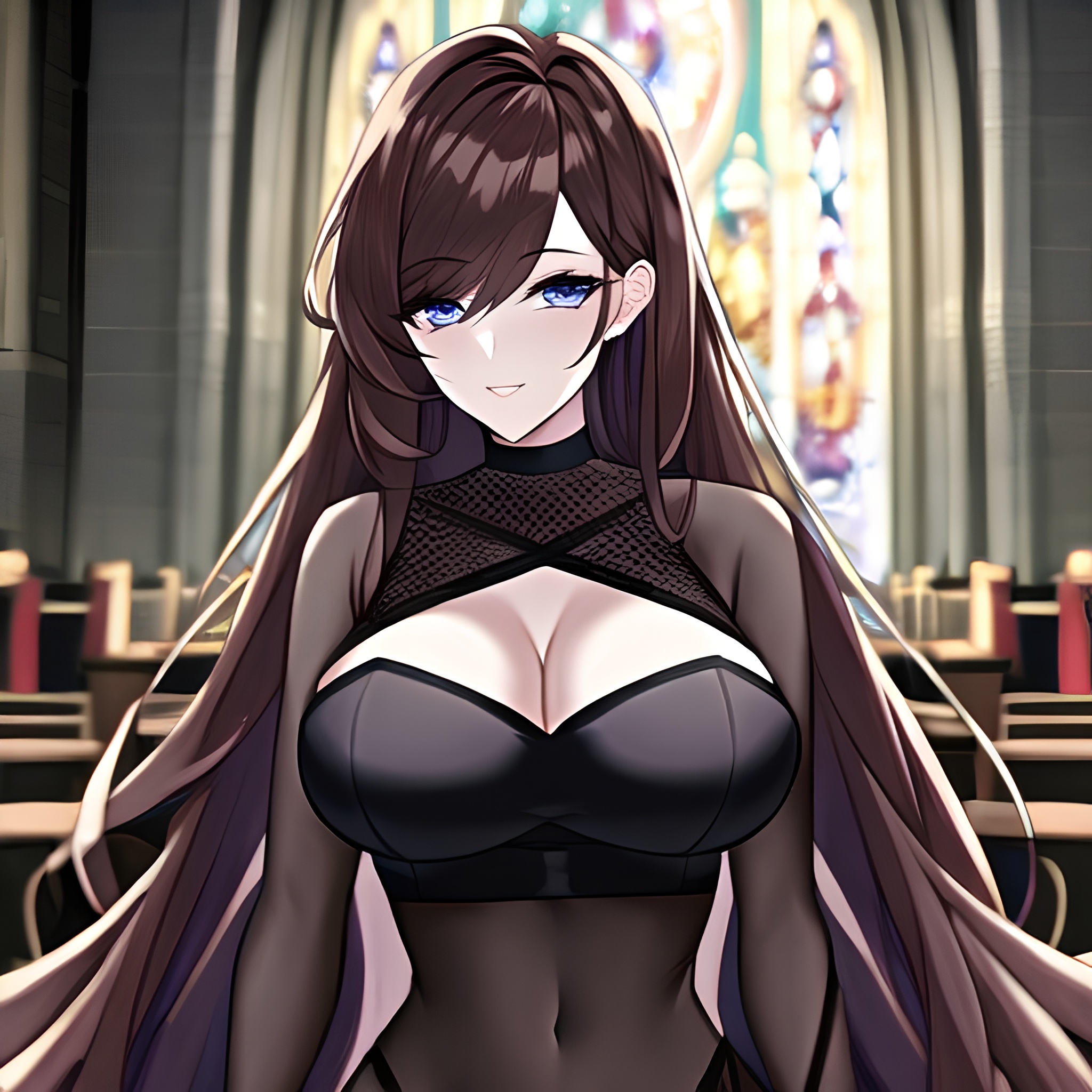 woman fishnet church long hair messy hair brunette 