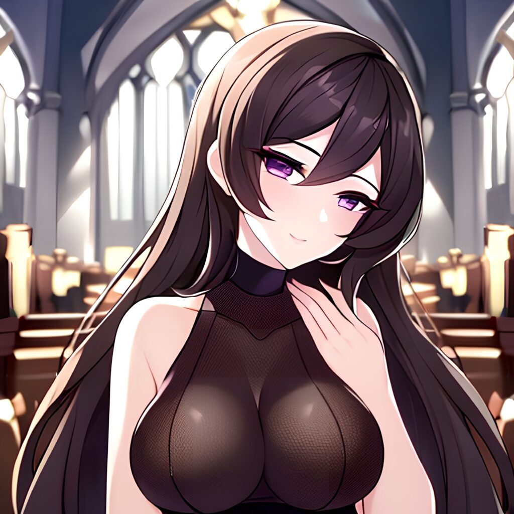 woman fishnet church messy hair brunette long hair