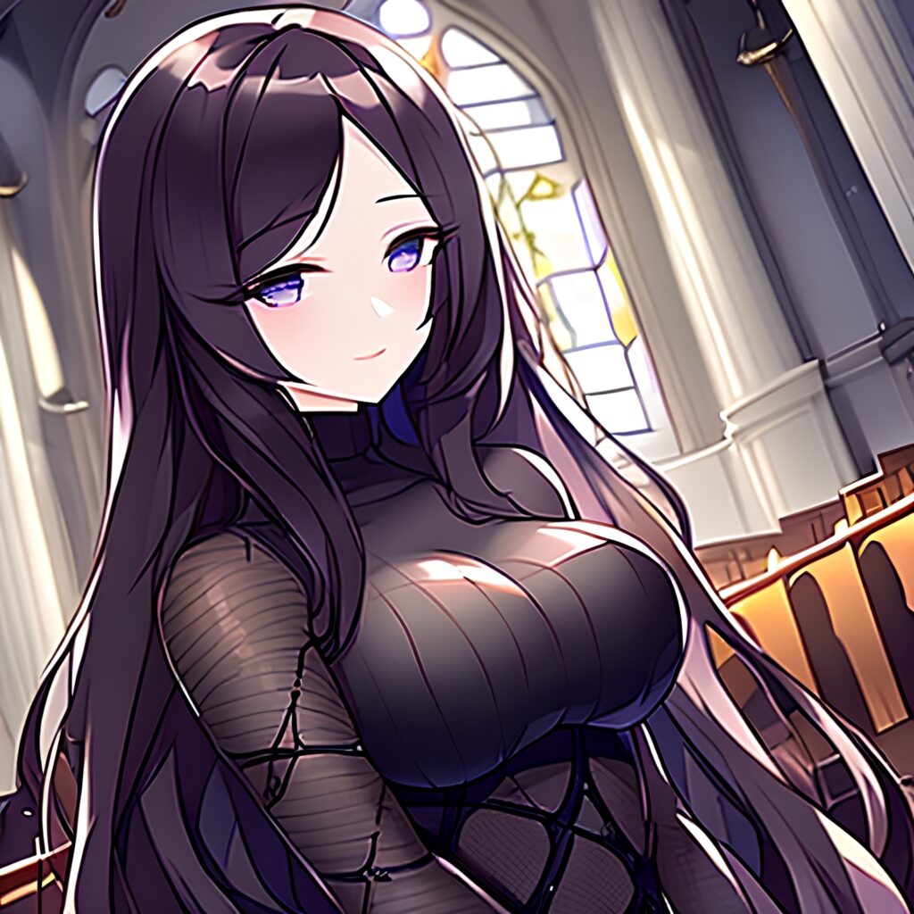 woman fishnet church messy hair brunette long hair